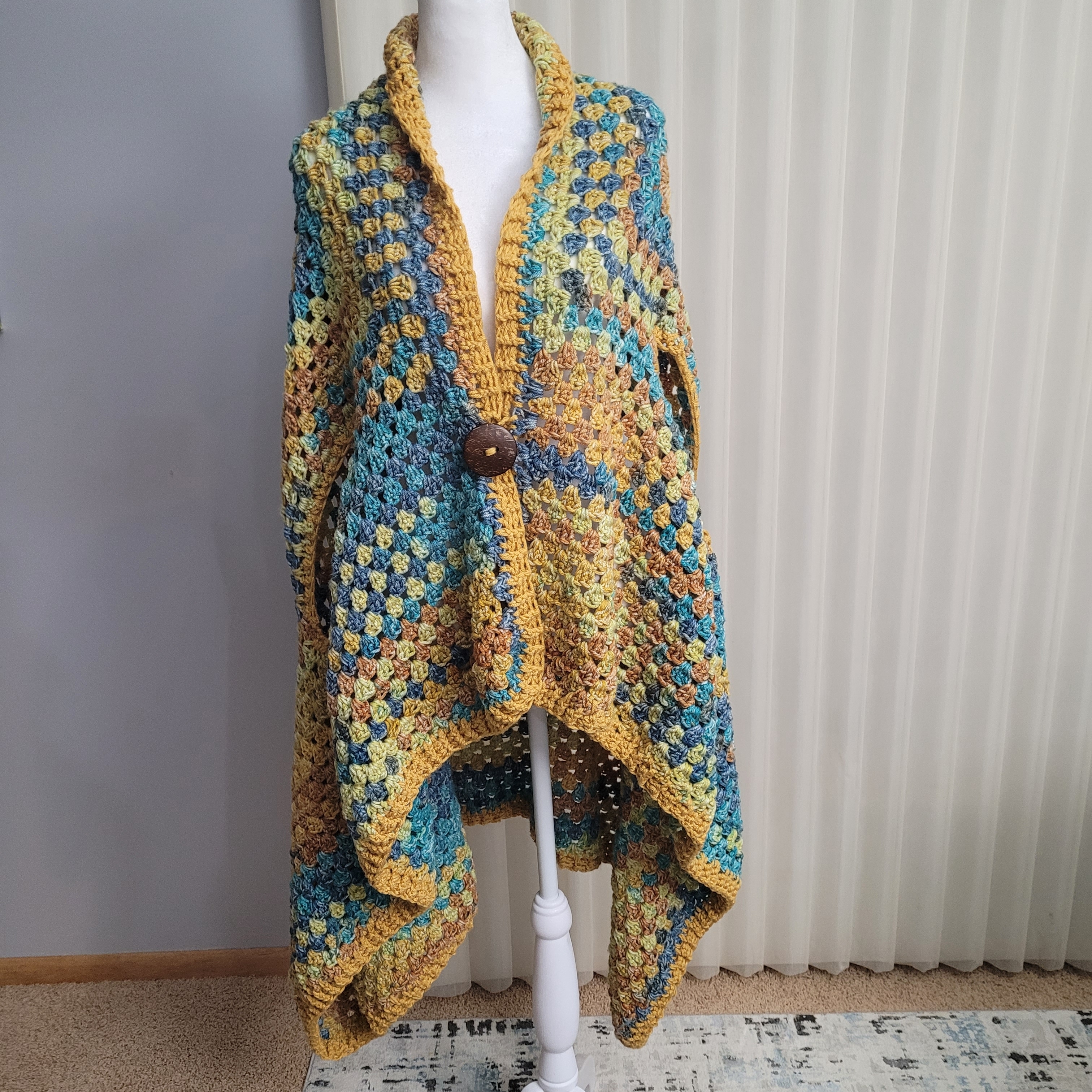 Handmade Crochet Poncho Cardigan In Teal & Mustard